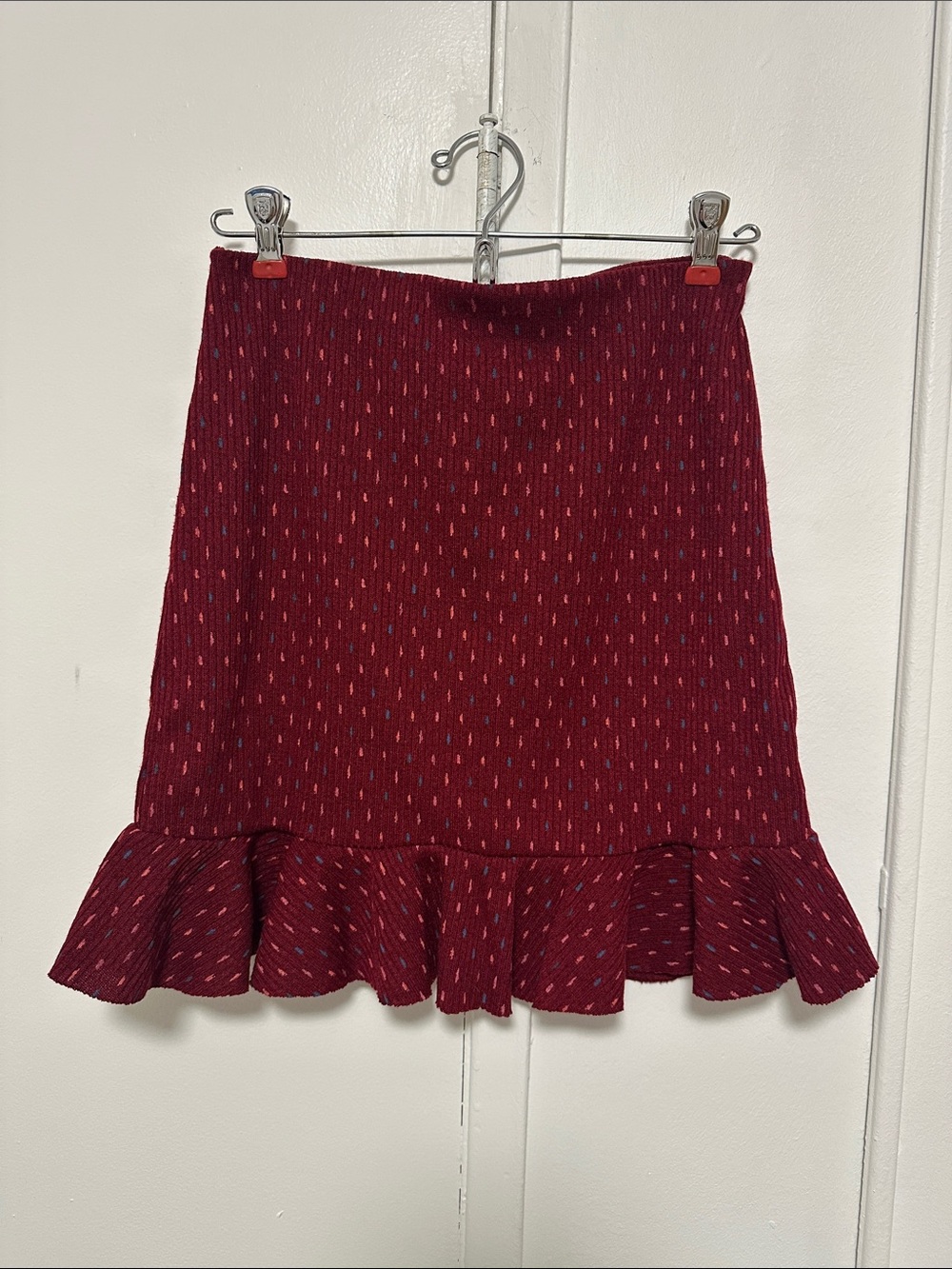 Free People Burgundy Knit Ruffle Hem Mini Skirt